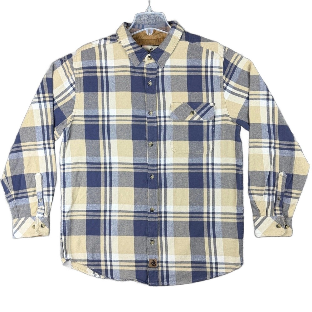 Legendary Whitetails Men's L Buck Camp Flannel Shirt Tan Navy Blue Plaid Casual